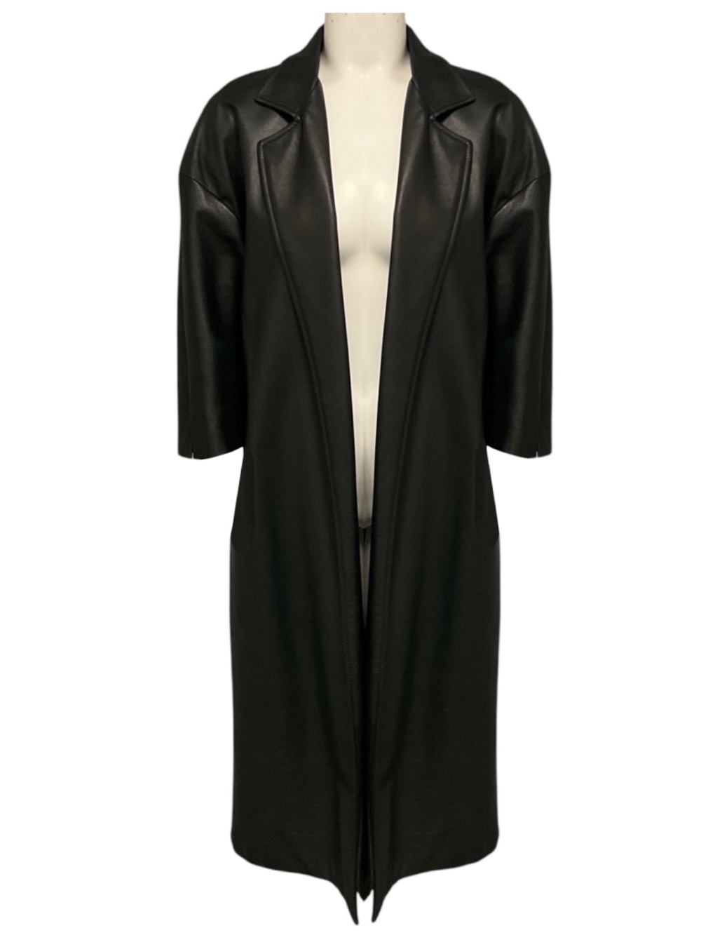 FEAR OF GOD BLACK MARBELLA COW LEATHER OPEN FRONT MID LENGTH COAT